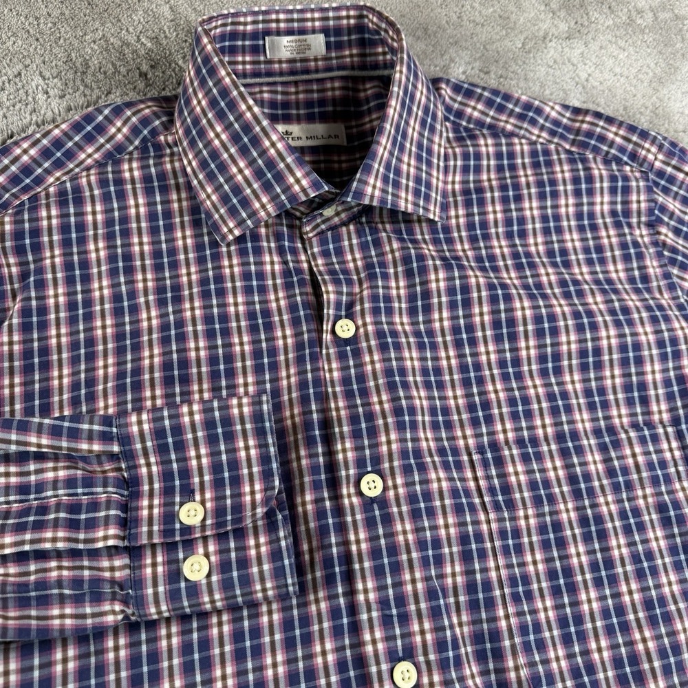 Peter Millar Button Down Shirt Mens Medium Plaid Long Sleeve Cotton Dress Casual